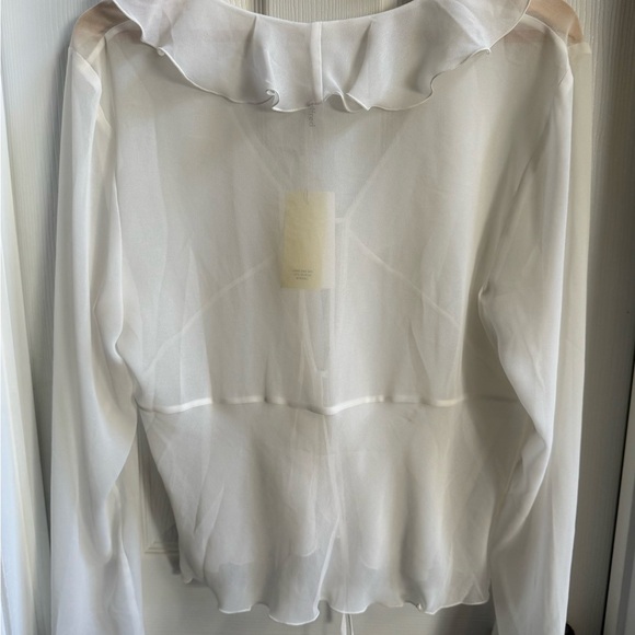 Aritzia NWT Frenchie Blouse Womens L Light Birch Ruffled Trim Tie Close Sheer - Picture 5 of 10